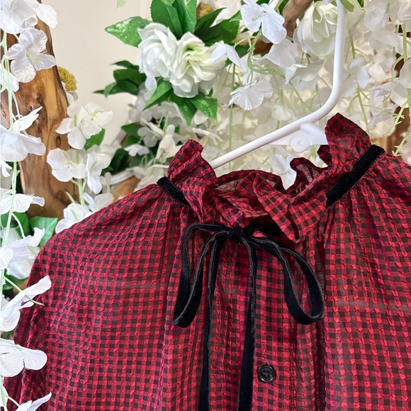 Ganni Red & Black Check Seersucker Tie Neck Shirt ♥️ - Picture 10 of 15